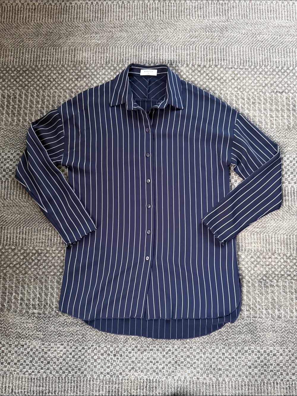 Aritzia Navy and White Vertical-Stripe Button-Down Shirt
